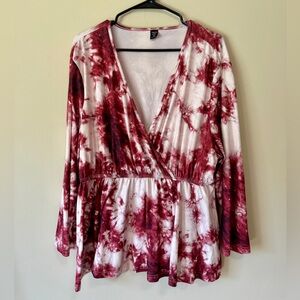 Red and White Tie-Dye Long Sleeve Wrap Blouse